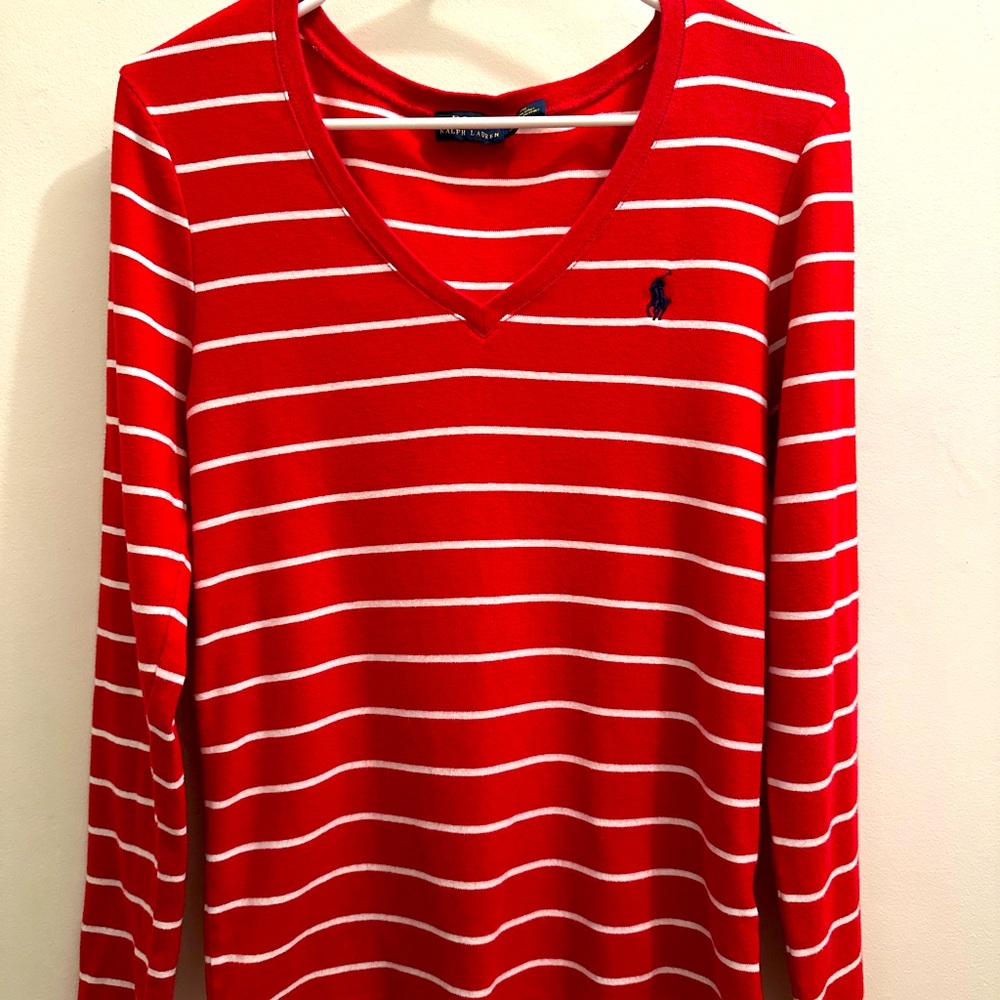 Polo Ralph Lauren Red and White Stripped V Neck Sweater Size Medium